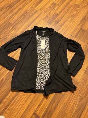 Karen Brooks Women's Layered Look Waterfall Cardigan with Animal Print Top and N